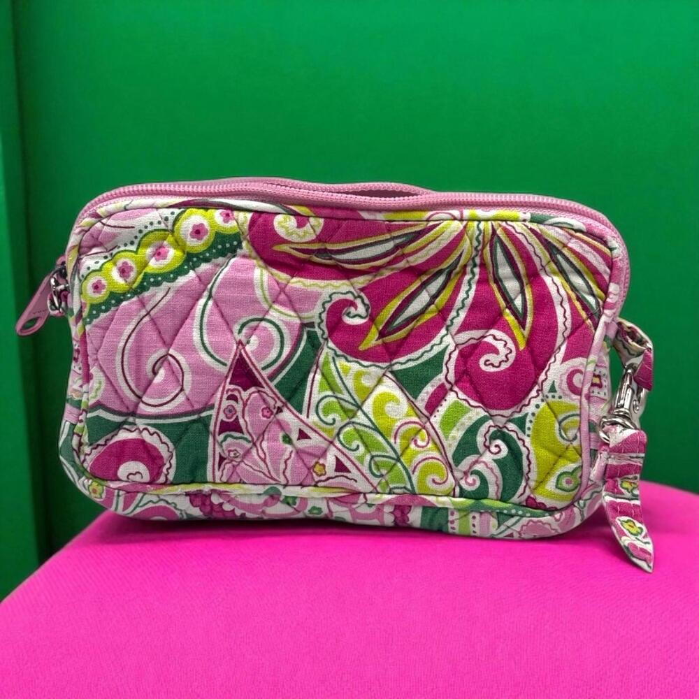 Vera Bradley Pink Petals Wristlet Wallet Purse Zip Strap Floral Pink, And Green